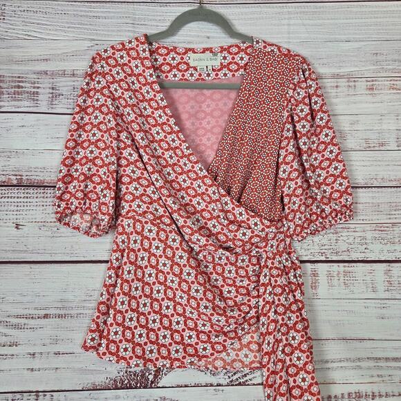 Anthropologie Sachin & Babi Pink Faux Wrap Blouse 8 w/ Tie Chic Dainty Ethereal - Picture 3 of 13